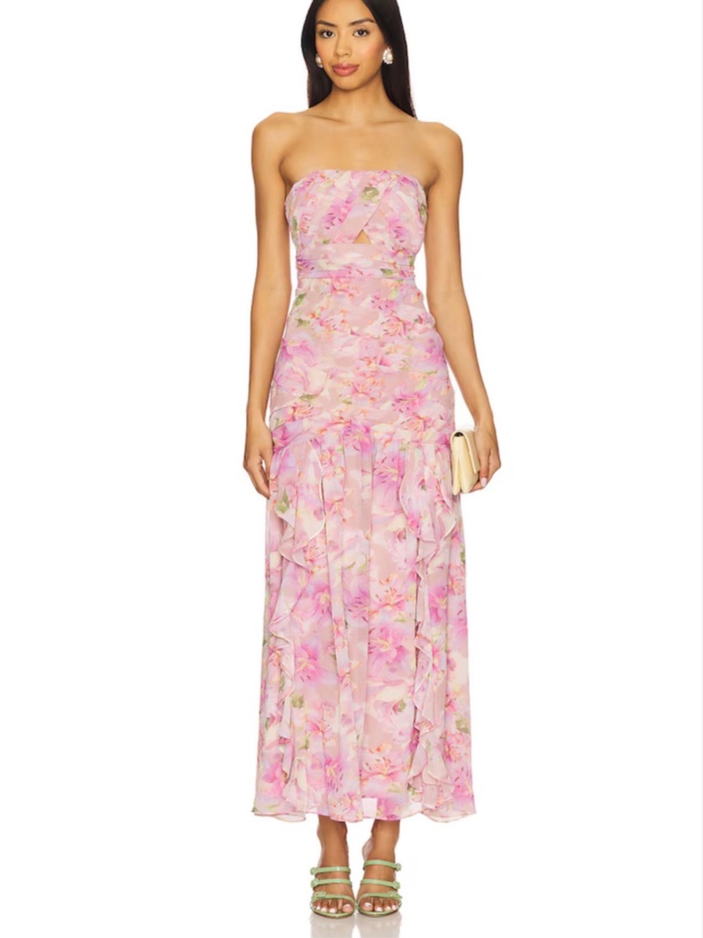 Astr Pink Floral Strapless Ruffles Maxi Dress